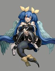  angel_wings asymmetrical_wings bare_shoulders belt black_panties black_thighhighs blue_hair breasts cleavage collarbone detached_collar detached_sleeves dizzy_(guilty_gear) ebi_pri_shrimp female full_body grey_background guilty_gear guilty_gear_xrd hair_between_eyes hair_ribbon hair_rings large_breasts large_tail long_hair looking_at_viewer monster_girl one_eye_closed open_mouth panties red_eyes ribbon showgirl_skirt sidelocks simple_background sitting sitting_on_tail smile solo tail tail_ornament tail_ribbon thighhighs twintails underwear upskirt wings yellow_ribbon 