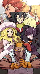  2girls 3boys alder_(pokemon) black_hair blonde_hair blunt_bangs book caitlin_(pokemon) card closed_mouth coin commentary_request fingerless_gloves glasses glint gloves green_eyes grimsley_(pokemon) hair_between_eyes hat highres holding holding_book holding_card holding_pen long_sleeves marshal_(pokemon) multicolored_hair multiple_boys multiple_girls orange_gloves orange_hair pen pink_headwear pokemon pokemon_bw red_hair round_eyewear sanwari_(aruji_yume) shauntal_(pokemon) short_hair smile two-tone_hair 