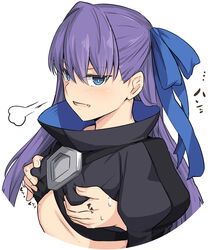  1boy blue_eyes breasts duplicate fate/extra fate/extra_ccc fate_(series) female grabbing grabbing_another&#039;s_breast grabbing_from_behind hair_ribbon long_hair long_sleeves looking_at_viewer meltryllis_(fate) oerba_yun_fang pixel-perfect_duplicate puffy_sleeves purple_hair ribbon shiseki_hirame sigh simple_background small_breasts solo_focus straight upper_body very_long_hair white_background 