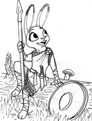  2016 3_toes 4_fingers a_rabbit_clan&#039;s_fox alternate_costume alternate_universe ankle_wraps anthro belt black_and_white branch brooch buckteeth chainmail claws dipstick_ears disney ear_markings ears_up eyebrows eyelashes fallen_tree feet female finger_claws fingers fungus grass holding_melee_weapon holding_object holding_polearm holding_weapon judy_hopps knife labjer lagomorph leaf leporid log looking_aside mammal medieval_clothing melee_weapon monochrome multicolored_ears mushroom open_mouth open_smile plant polearm rabbit raised_eyebrows round_shield scabbard sheathed_weapon shield simple_background sitting smile solo spear teeth toes traditional_media_(artwork) weapon white_background wood wraps wrist_wraps zootopia 