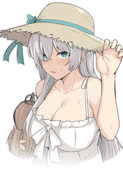  anastasia_(fate) aqua_eyes bare_shoulders blush breasts cleavage closed_mouth collarbone doll dress duplicate fate/grand_order fate_(series) female grey_hair hair_over_one_eye hat holding holding_doll large_breasts long_hair looking_at_viewer pixel-perfect_duplicate shiseki_hirame simple_background smile solo sun_hat sundress tongue tongue_out viy_(fate) white_background white_dress 