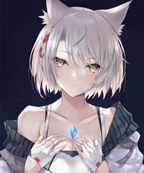  animal_ears camisole cat_ears cat_girl chest_jewel female fingerless_gloves gem gloves inoue_takuya_(tactactak) jacket mio_(xenoblade) shoulder_strap solo tank_top upper_body white_camisole white_gloves white_jacket white_tank_top xenoblade_chronicles_(series) xenoblade_chronicles_3 yellow_eyes 