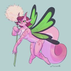  1:1 2022 anthro breasts dandelion digital_media_(artwork) fairy_dragon female flower flying green_sclera hair hi_res horn insect_wings nude pink_body pink_hair plant simple_background smile solo trololohstuffs wings 