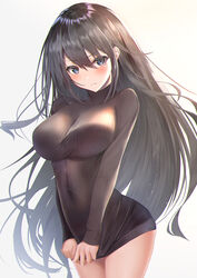  bad_id bad_pixiv_id black_hair black_sweater blue_eyes blush bottomless breasts closed_mouth clothes_tug commentary covered_navel cowboy_shot embarrassed female hair_between_eyes highres large_breasts long_hair long_sleeves looking_at_viewer original photoshop_(medium) ribbed_sweater simple_background solo sweater sweater_tug taut_clothes taut_sweater turtleneck turtleneck_sweater v_arms very_long_hair white_background yk_(pixiv43531291) 