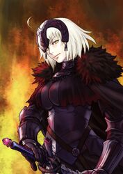  ahoge azasuke blonde_hair breasts closed_mouth fate/grand_order fate_(series) female fiery_background fire gauntlets headpiece holding holding_sword holding_weapon jeanne_d&#039;arc_alter_(avenger)_(fate) jeanne_d&#039;arc_alter_(fate) large_breasts looking_at_viewer medium_hair solo sword upper_body weapon 