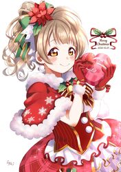  alternate_hairstyle arms_up bare_arms blush box box_of_chocolates brown_hair capelet christmas commentary dated dress earrings english_commentary english_text female flower frilled_skirt frills fur-trimmed_capelet fur-trimmed_gloves fur_trim gloves green_ribbons hair_flower hair_ornament hair_ribbon hair_up highres holding holding_box holly jewelry looking_at_viewer love_live! love_live!_school_idol_project minami_kotori neck_ribbon one_side_up plaid plaid_skirt poinsettia pom_pom_(clothes) pom_pom_earrings ranemu red_capelet red_dress red_flower red_gloves red_ribbon red_skirt ribbon simple_background skirt smile snowflake_print solo striped striped_ribbon upper_body white_background yellow_eyes 