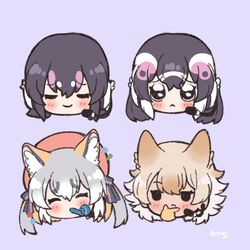  4girls african_penguin_(kemono_friends) animal_costume animal_ears black_hair blonde_hair coyote_(kemono_friends) cthun_n gloves grey_hair headphones highres humboldt_penguin_(kemono_friends) island_fox_(kemono_friends) kemono_friends kemono_friends_v_project long_hair looking_at_viewer microphone multicolored_hair multiple_girls necktie ribbon short_hair simple_background smile tail twintails virtual_youtuber 