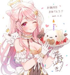  amagasa_noaru breasts cake cleavage cone_hair_bun female food gloves hair_bun hair_ornament halo happy_birthday heart heart_hair_ornament highres indie_virtual_youtuber long_hair pink_eyes pink_hair serino_itsuki solo swept_bangs virtual_youtuber white_gloves x_hair_ornament 