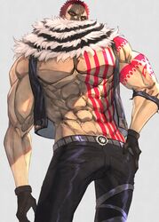  1boy abs absurdres arm_at_side arm_tattoo armlet bad_proportions bare_arms bare_pectorals bare_shoulders belt biceps black_gloves black_pants black_vest charlotte_katakuri chest_tattoo covered_mouth from_below gloves hand_on_own_hip highres inumata_ichini large_pectorals looking_at_viewer male_focus mature_male muscular muscular_male no_nipples one_piece open_clothes open_vest pants pectorals red_eyes red_hair scar scar_on_cheek scar_on_face scarf scarf_over_mouth short_hair shoulder_tattoo small_head solo spiked_armlet spikes stitches stomach stomach_tattoo tattoo v-shaped_eyebrows vest 