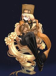  black_gloves black_shirt blue_eyes boots brown_coat brown_hat closed_mouth coat collared_shirt crossed_legs ebi_pri_shrimp female fingerless_gloves flower full_body fur_hat gloves gradient_background guilty_gear guilty_gear_strive hand_on_own_face hat long_hair looking_away millia_rage pantyhose rose scarf shirt sitting solo ushanka very_long_hair white_background 