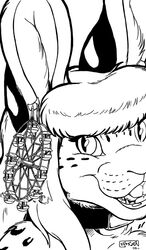  2009 amusement_ride anthro black_and_white collar digital_drawing_(artwork) digital_media_(artwork) dragon ear_piercing ear_ring ears_up felid female ferris_wheel hair hybrid kencougr lagomorph leopard_spots leporid long_ears looking_aside macro mammal monochrome mythological_creature mythological_scalie mythology nikkii pantherine piercing rabbit ring_piercing scalie short_hair smile snow_leopard solo spots 