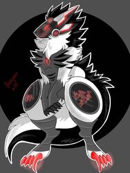  3:4 anonymous_artz anthro black_body copyright fur fur_markings hi_res karuna_the_primagen karunatheprimagen karuthepwimmy machine male markings multicolored_body multicolored_fur primagen protogen protogen_visor shaded smile soft_shading solo two_tone_body two_tone_fur visor white_body 