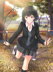  :o amagami autumn_leaves bench black_hair black_jacket black_socks blazer blush brown_eyes collared_shirt female grey_skirt grey_sweater jacket kibito_high_school_uniform looking_at_viewer nanasaki_ai narumi_nanami park_bench school_uniform shirt skirt socks solo sweater swing_set tree white_shirt 