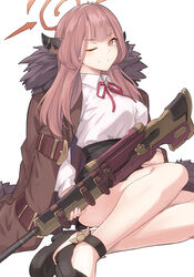  aru_(blue_archive) black_skirt blue_archive blush breasts brown_coat brown_eyes coat collared_shirt dress_shirt female fur-trimmed_coat fur_trim gun halo high_heels horns large_breasts legs light_brown_hair long_hair long_sleeves looking_at_viewer one_eye_closed rifle shirt shiseki_hirame simple_background sitting skirt smile solo weapon white_shirt 