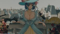  ai-generated_art_(topic) alternate_costume artist_name azur_lane black_cat blue_dress blue_eyes blue_hair blue_headwear blurry blurry_background breasts cheshire_(azur_lane) dan-98 dress earrings feline female grey_sky highres huge_breasts jewelry lace-trimmed_dress lace_trim multicolored_hair orange_cat short_hair sky solo streaked_hair two-tone_hair victorian 