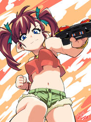  bakusou_kyoudai_let&#039;s_&amp;_go!! bakusou_kyoudai_let&#039;s_&amp;_go!!_max blue_eyes bracelet breasts commentary female fire_stinger from_below highres holding holding_toy hori_shin jewelry long_hair looking_at_viewer medium_breasts midriff mini_4wd navel necklace oogami_marina orange_background red_hair short_shorts shorts signature sleeveless smile solo toy toy_car twintails upper_body 