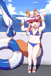  :d age_regression aged_down animal_ears arms_up bare_shoulders beach_umbrella bikini blue_bikini blurry blurry_background blush brown_eyes brown_footwear chinese_commentary commentary_request depth_of_field ears_through_headwear fate/grand_order fate_(series) female flat_chest fox_ears fox_girl fox_tail hair_between_eyes hair_over_shoulder hands_on_headwear hat highres horizon innertube langbazi long_hair low_ponytail navel ocean outdoors pink_hair ponytail sandals side-tie_bikini_bottom smile solo star_(symbol) sun_hat swim_ring swimsuit tail tamamo_(fate) tamamo_no_mae_(swimsuit_lancer)_(fate) tamamo_no_mae_(swimsuit_lancer)_(third_ascension)_(fate) umbrella 