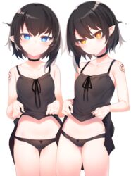  2girls black_camisole black_choker black_hair black_panties blue_eyes bright_pupils camisole camisole_lift choker clothes_lift highres lifting_own_clothes looking_at_viewer multiple_girls original otokuyou panties parted_lips pointy_ears short_hair shoulder_tattoo simple_background sleeveless standing tattoo thighs underwear white_background white_pupils yellow_eyes 