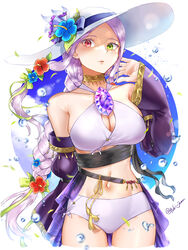  absurdres alternate_costume alternate_hairstyle arm_behind_back bikini blue_sky braid braided_ponytail breasts cleavage cloak collarbone commentary cowboy_shot dragon_girl female fire_emblem fire_emblem:_the_binding_blade flower gem gold_collar green_eyes hair_flower hair_ornament hand_up hat heterochromia highres idunn_(fire_emblem) large_breasts long_hair long_sleeves looking_at_viewer mature_female navel parted_lips pointy_ears purple_cloak purple_gemstone purple_hair purple_robe red_eyes robe single_braid sky solo sun_hat swimsuit tsukimura_(d24f4z8j3t) water_drop white_bikini 