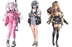  3girls alice_(nikke) anis_(nikke) artist_request bare_legs bare_shoulders belt black_footwear black_hair black_legwear blush bodysuit breasts brown_hair dduck_kong dress earphones exia_(nikke) goddess_of_victory:_nikke gun hair_between_eyes hair_ornament hairclip korean_commentary large_breasts leg_belt long_hair long_sleeves looking_at_viewer microphone multicolored_clothes multiple_girls off_shoulder official_art parted_bangs pink_bodysuit pink_eyes purple_eyes sandals simple_background skindentation small_breasts smile standing thighhighs third-party_source twintails weapon weapon_on_back white_background white_dress white_footwear white_hair yellow_eyes 