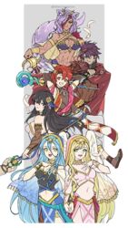  2boys 4girls absurdres animal_ears arms_behind_head azura_(fire_emblem) azura_(hatari)_(fire_emblem) black_hair blonde_hair blue_hair breasts cleavage dagger deen_(fire_emblem_gaiden) deen_(hatari)_(fire_emblem_gaiden) dress fire_emblem fire_emblem:_mystery_of_the_emblem fire_emblem:_path_of_radiance fire_emblem:_radiant_dawn fire_emblem:_the_blazing_blade fire_emblem_echoes:_shadows_of_valentia fire_emblem_heroes headband highres holding holding_dagger holding_hands holding_knife holding_polearm holding_staff holding_weapon hood karla_(fire_emblem) karla_(hatari)_(fire_emblem) knife leanne_(fire_emblem) leanne_(hatari)_(fire_emblem) looking_at_viewer multiple_boys multiple_girls nailah_(fire_emblem) nailah_(hatari)_(fire_emblem) official_alternate_costume one_eye_closed polearm scar scar_on_face silvercandy_gum smile staff tail weapon white_dress wing_hair_ornament wolf_ears wolf_girl wolf_tail xane_(fire_emblem) xane_(hatari)_(fire_emblem) 