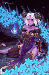  black_sclera breasts choker cleavage collarbone colored_sclera colored_skin commission covered_navel demon_girl dress dungeons_&amp;_dragons elbow_gloves english_commentary female fingerless_gloves flower gloves highres horn_ornament horns kneeling large_breasts looking_at_viewer magic pointy_ears purple_eyes purple_skin robusta_mania short_hair solo tail thighhighs tiefling twitter_logo twitter_username white_background 