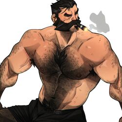  1boy alternate_costume armpit_hair armpit_hair_peek back_hair bara black_shorts body_fur bread chest_hair chris_sdd cigar cowboy_shot food graves_(league_of_legends) grey_background hairy highres league_of_legends looking_to_the_side male_focus male_pubic_hair muscular muscular_male navel nipple_hair nipples pubic_hair short_hair shorts simple_background solo thick_arm_hair thick_chest_hair thick_navel_hair topless_male very_hairy 