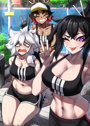  3girls ;p ^_^ absurdres bare_arms bare_shoulders black_hair black_shorts black_sports_bra blush breasts cleavage closed_eyes commentary crop_top d: dark_skin english_commentary gradient_hair grin hair_between_eyes hand_up highres large_breasts medium_support_(meme) melissa_(rageman709) meme midriff multicolored_hair multiple_girls navel oerba_yun_fang one_eye_closed open_mouth original purple_eyes rageman709 red_hair sheo_(rageman709) short_hair short_shorts shorts sitting smile sports_bra stomach striped striped_sports_bra thighs tongue tongue_out vertical-striped_sports_bra w white_hair 