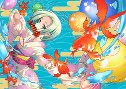  aqua_eyes artist_name egasumi female festival fish floral_print goldfish goldfish_scooping green_hair ikayaki japanese_clothes kawanobe kimono mouth_hold original short_hair solo water_balloon water_yoyo yukata 