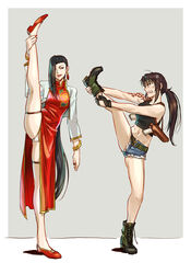  2girls anger_vein azasuke belt black_gloves black_hair black_lagoon black_tank_top blue_shorts boots brown_hair china_dress chinese_clothes clenched_teeth combat_boots crop_top denim denim_shorts dress earrings failure fingerless_gloves fingernails full_body gloves gold_bracelet green_belt green_footwear grey_background gun hair_over_one_eye handgun highres holster jacket jewelry long_hair micro_shorts midriff multiple_girls nail_polish navel one_eye_covered open_clothes open_jacket panties parted_lips ponytail red_dress red_footwear red_nails revy_(black_lagoon) shenhua shoes shorts shoulder_tattoo simple_background smile split standing standing_on_one_leg standing_split tank_top tassel tassel_earrings tattoo teeth thigh_strap tribal_tattoo underwear very_long_hair weapon white_jacket white_panties 