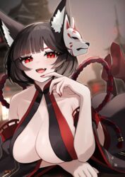  animal_ear_fluff animal_ears ass azur_lane bare_shoulders black_hair breasts center_opening commentary_request female hanging_breasts highres huge_breasts looking_at_viewer lying oerba_yun_fang on_stomach pale_skin red_eyes red_nails red_socks short_hair skin_fang slit_pupils socks solo the_pose yamaha_tsui yamashiro_(azur_lane) yamashiro_(meta)_(azur_lane) 