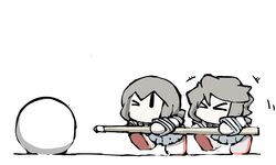  &gt;_&lt; 2girls ball billiard_ball billiards blue_sailor_collar blue_skirt brown_hair chibi closed_eyes commentary_request fubuki_(kancolle) grey_footwear holding kantai_collection low_ponytail medium_hair miyuki_(kancolle) multiple_girls no_mouth one_eye_closed pleated_skirt sailor_collar school_uniform serafuku shirt shoes short_hair sidelocks simple_background skirt stick task_(s_task80) uniform white_background white_shirt 