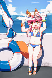  :d age_regression aged_down animal_ears arms_up bare_shoulders beach_umbrella bikini blue_bikini blurry blurry_background blush brown_eyes brown_footwear chinese_commentary commentary_request depth_of_field ears_through_headwear fate/grand_order fate_(series) female flat_chest fox_ears fox_girl fox_tail hair_between_eyes hair_over_shoulder hands_on_headwear hat highres horizon innertube langbazi long_hair low_ponytail navel ocean outdoors pink_hair ponytail sandals side-tie_bikini_bottom smile solo star_(symbol) sun_hat swim_ring swimsuit tail tamamo_(fate) tamamo_no_mae_(swimsuit_lancer)_(fate) tamamo_no_mae_(swimsuit_lancer)_(third_ascension)_(fate) umbrella 