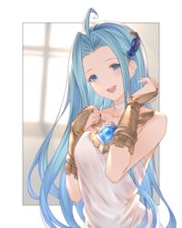  absurdres ahoge bare_shoulders blue_eyes blue_hair blurry blurry_background blush border bridal_gauntlets brooch choker collarbone dress female granblue_fantasy hair_ornament highres jewelry long_hair looking_at_viewer lyria_(granblue_fantasy) open_mouth outside_border parted_bangs smile solo strapless strapless_dress upper_body white_border white_dress window wuming 