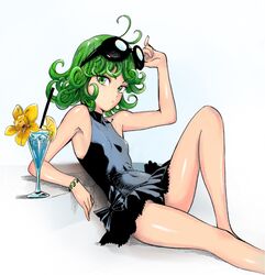  adjusting_eyewear bare_arms bare_shoulders black_one-piece_swimsuit bracelet breasts commentary covered_navel cup drink drinking_glass drinking_straw eyewear_on_head female flower food frilled_one-piece_swimsuit frills fruit full_body green_eyes green_hair hand_on_eyewear highres jewelry looking_at_viewer murata_yuusuke official_art one-piece_swimsuit one-punch_man orange_(fruit) orange_slice petite short_hair skirt sleeveless small_breasts solo sunglasses swimsuit tatsumaki 