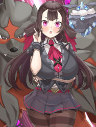  :o absurdres aged_up arm_under_breasts blush breasts brown_hair brown_pantyhose carbink collared_shirt commentary_request cowboy_shot female grey_skirt grey_vest hair_between_eyes hair_ribbon hand_up highres hisuian_arcanine hizakake huge_breasts index_finger_raised long_hair looking_at_viewer miniskirt necktie open_mouth pantyhose pink_eyes pleated_skirt pokemon pokemon_(creature) pokemon_oras puffy_short_sleeves puffy_sleeves red_necktie red_ribbon ribbon roxanne_(pokemon) shirt short_sleeves sidelocks skirt standing teeth thighband_pantyhose twintails upper_teeth_only vest white_shirt wrist_cuffs 