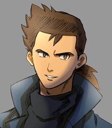  1boy aged_down black_sweater blue_coat bright_pupils brown_eyes brown_hair coat commentary_request grey_background looking_to_the_side male_focus medium_hair parted_lips pokemon pokemon_hgss popped_collar portrait pryce_(pokemon) sanwari_(aruji_yume) simple_background smile solo sweater white_pupils 