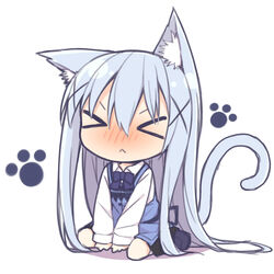  &gt;_&lt; :&lt; animal_ears ayanepuna between_legs black_footwear black_skirt blue_bow blue_hair blue_vest blush bow cat_ears cat_girl cat_tail chibi closed_eyes closed_mouth collared_shirt commentary facing_viewer female full_body gochuumon_wa_usagi_desu_ka? hair_between_eyes hair_ornament hand_between_legs kafuu_chino kneehighs loafers long_hair long_sleeves nose_blush paw_print rabbit_house_uniform shadow shirt shoes sitting skirt sleeves_past_wrists socks solo symbol-only_commentary tail tail_raised uniform very_long_hair vest waitress wariza white_background white_shirt white_socks x_hair_ornament 