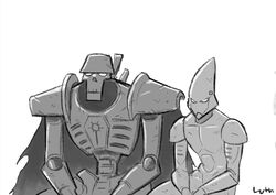  2boys armor artist_name cape commentary eldar greyscale helmet lutherniel male_focus monochrome multiple_boys necron sitting skull symbol warhammer_40k 