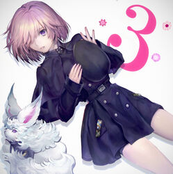  animal belt beret cape commentary creature fate/grand_order fate_(series) female flower fou_(fate) hat highres light_purple_hair lying mash_kyrielight mash_kyrielight_(traveling_outfit) military military_uniform necktie official_alternate_costume purple_eyes short_hair thighhighs tomatika uniform 