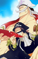  2boys alcohol beard black_hair commentary cup drunk edward_newgate facial_hair gol_d._roger gourd grey_hair hat jolly_roger long_hair male_focus moustache multiple_boys one_piece pirate pirate_hat sakazuki sake saruo whitebeard_pirates_jolly_roger 