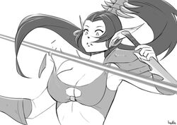  bikini breasts cleavage cleavage_cutout clothing_cutout commentary dagger dark_eldar earrings eldar female greyscale jewelry knife lutherniel monochrome pointy_ears ponytail solo swimsuit torn_bikini torn_clothes warhammer_40k weapon 