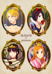  4girls apple aurora_(disney) aurora_(disney)_(cosplay) bad_id bad_pixiv_id bamboo bleach blonde_hair blue_eyes bow brown_eyes character_name chinese_clothes choker cinderella cinderella_(grimm) cinderella_(grimm)_(cosplay) closed_eyes copyright_name cosplay disney disney_princess eating flower food fruit hagoromo hair_up hairbow hanfu inoue_orihime kuchiki_rukia kurotsuchi_nemu long_hair matsumoto_rangiku mole mole_under_mouth multiple_girls name_connection orange_hair orihime_(tanabata) orihime_(tanabata)_(cosplay) photoshop_(medium) picture_frame purple_eyes purple_hair ronisuke rose shawl short_hair sleeping_beauty snow_white_(disney) snow_white_(disney)_(cosplay) snow_white_and_the_seven_dwarfs thorns tiara 