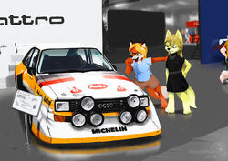  2019 anthro audi audi_quattro biped black_clothing black_dress blue_clothing blue_topwear bored bottomwear brown_bottomwear brown_clothing canid canine car clothed clothing digitigrade dipstick_ears dipstick_tail dress duo ear_markings eyewear female fox fur glasses green_eyes hand_on_shoulder happy inside male mammal markings multicolored_body multicolored_ears multicolored_fur multicolored_tail open_mouth orange_body orange_fur race_car rally_car shirt shorts smile standing t-shirt tail tail_markings the_raf topwear two_tone_body two_tone_fur vehicle white_body white_fur white_tail_tip yellow_body yellow_fur 