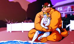  2017 anthro anthro_on_anthro beach bowser clothing detailed_background duo feet fur hair horn kamudragon koopa male mammal mario_bros nintendo nogard_krad_nox red_eyes red_hair scalie seaside signature sitting size_difference slightly_chubby white_body white_fur 