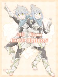  1boy :d ;d bandana barefoot barefoot_sandals_(jewelry) blue_hair blush character_name dated female fire_emblem fire_emblem_fates flower gloves hair_bun happy_birthday kana_(female)_(fire_emblem) kana_(fire_emblem) kana_(male)_(fire_emblem) one_eye_closed open_mouth pointy_ears rose single_hair_bun smile teeth tico toeless_legwear yellow_eyes 