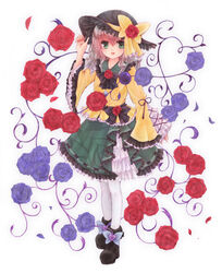  ankle_boots ascot bad_id bad_pixiv_id bebitera blouse blue_flower blue_rose boots embellished_costume female floral_background flower frilled_hat frills full_body green_eyes grey_hair hand_on_headwear hat hat_flower hat_ribbon heart heart_of_string highres komeiji_koishi long_sleeves looking_at_viewer pantyhose parted_lips red_flower red_rose ribbon rose shirt short_hair skirt solo third_eye touhou white_background white_pantyhose 