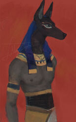  animal_head anthro anubian_jackal anubis armband canid canine canis clothed clothing cynocephalus deity egyptian_mythology eyeliner for_a_head headdress humanoid jackal jewelry makeup male mammal middle_eastern_mythology mythology nayshie nipples red_background simple_background solo topless traditional_media_(artwork) 