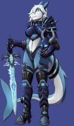  2016 absurd_res anthro armor black_clothing black_footwear black_high_heels blizzard_entertainment boots clothed clothing cyana_(code-blocker) female fish footwear frostmourne hi_res high_heeled_boots high_heels legwear looking_at_viewer marine melee_weapon neltharion290 shark simple_background smile solo sword thigh_boots thigh_highs warcraft weapon 