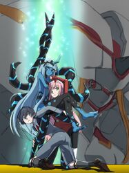  001_(darling_in_the_franxx) 1boy 2girls ass barefoot black_hair black_pantyhose blue_eyes blue_hair blue_horns blue_skin blunt_bangs body_markings boots brown_footwear colored_skin commentary couple crossed_legs crossover darling_in_the_franxx facial_mark green_eyes grey_legwear gundam gundam_narrative hair_ornament hairband hand_on_another&#039;s_shoulder herozu_(xxhrd) hiro_(darling_in_the_franxx) holding horns kneeling light_blue_hair long_hair long_sleeves mecha military military_uniform multiple_girls narrative_formation necktie oni_horns pantyhose parody pink_hair red_horns red_necktie robot shoes socks straight strelizia tentacle uniform white_footwear white_hairband zero_two_(darling_in_the_franxx) 